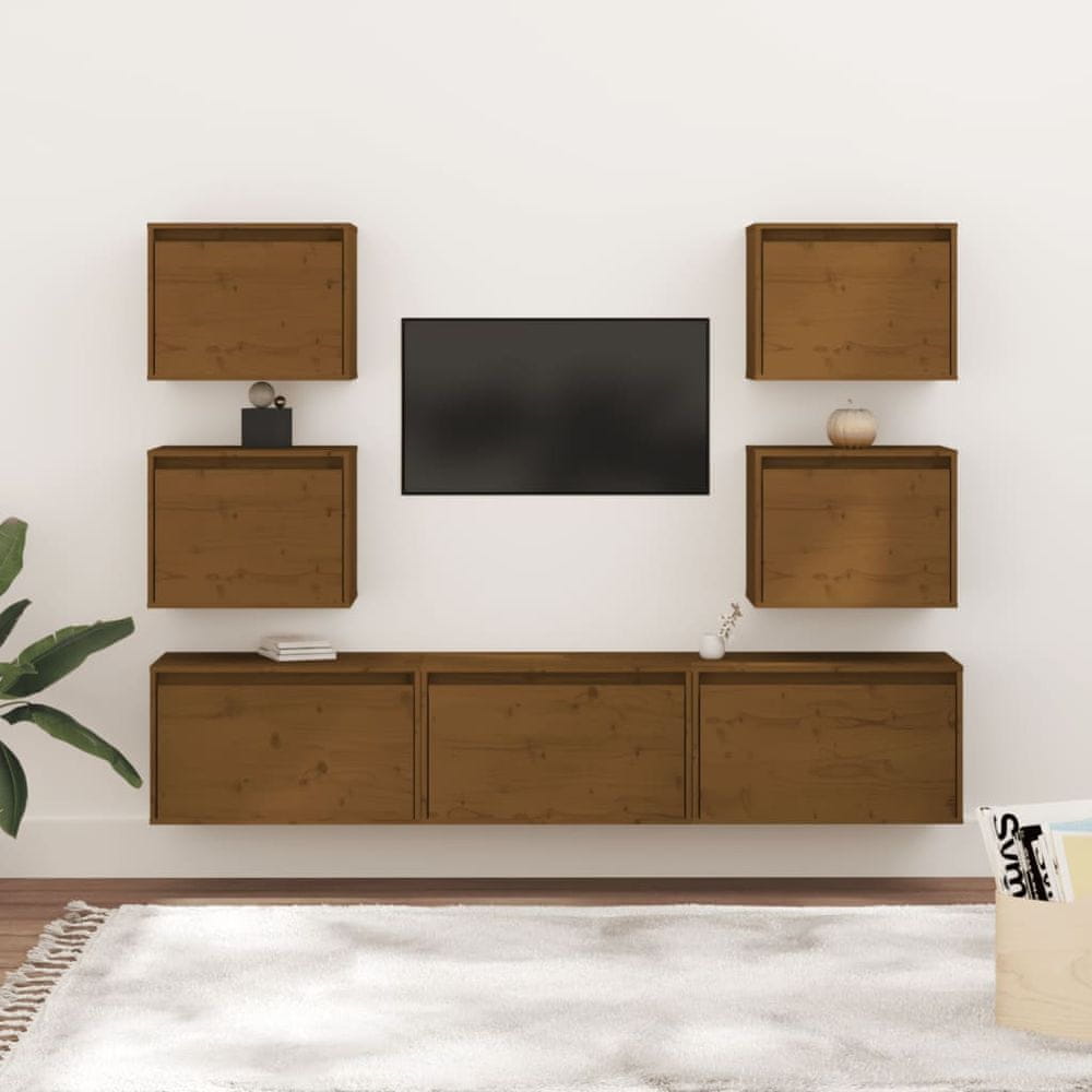 Vidaxl TV skrinky, 7 ks, medovo hnedá, masívne borovicové drevo